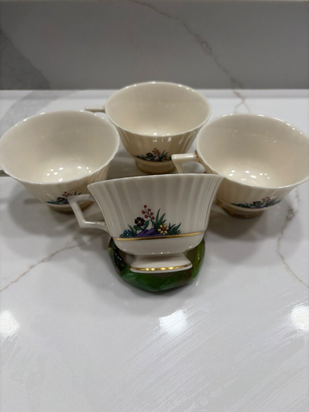 Lenox Rutledge Footed Teacup Floral Pattern Ivory China and Gold Set of 4